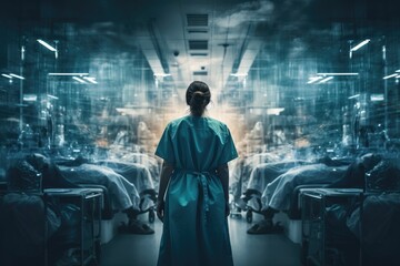Emergency scene. Doctor standing and looking patient at hospital. Generative AI