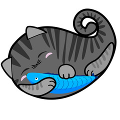 Cute sleeping cat with a fish, hand drawn paisley shape, doodle cartoon collection