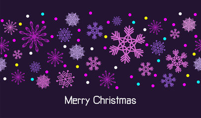 Snow blizzard of elegant snowflakes and multicolored lights of New Year's garlands. Merry Christmas text. Holiday banner for celebration decoration design