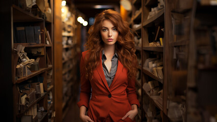 Fototapeta na wymiar Hübsche Business Frau Gesicht mit roten langen Haar im dunklen Licht und Lokal im Hintergrund Porträt, ai generativ