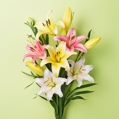 Flowers composition. Frame made of lily flowers on green background. Flat lay, top view, copy space