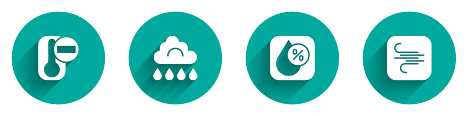 Set Thermometer, Cloud with rain, Water drop percentage and Wind icon with long shadow. Vector