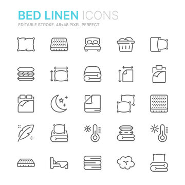 Collection of bed linen related outline icons. 48x48 Pixel Perfect. Editable stroke