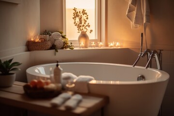 A bathtub in a bathroom with candles on the window sill created with Generative AI technology