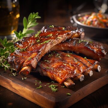 Barbeque pork ribs on cutting board, ai