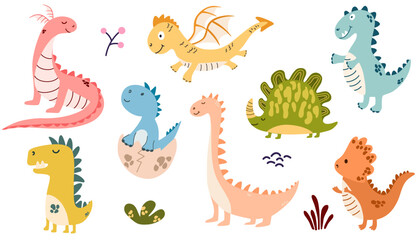 Dragons Set. Cute Colorful Little Dinosaurs in a cartoon Scandinavian style. The colorful cute children's illustration is perfect for a children's room. Vector Hand draw Illustration