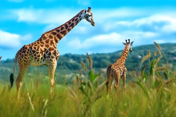 a mother giraffe and her calf in a meadow