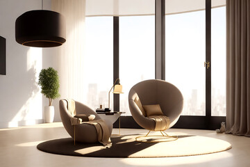 Large blank smooth beige wall, cushion armchair, round black coffee table on shag rug, tripod lamp in sunlight from window and luxury interior design