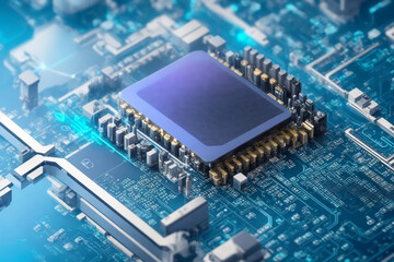Futuristic chipset processor with circuit board digital transformation abstract technology background. Innovative tech and artificial intelligence cloud computing concept.
