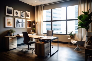 Fototapeta premium A room with a desk, chair and pictures on the wall created with Generative AI technology
