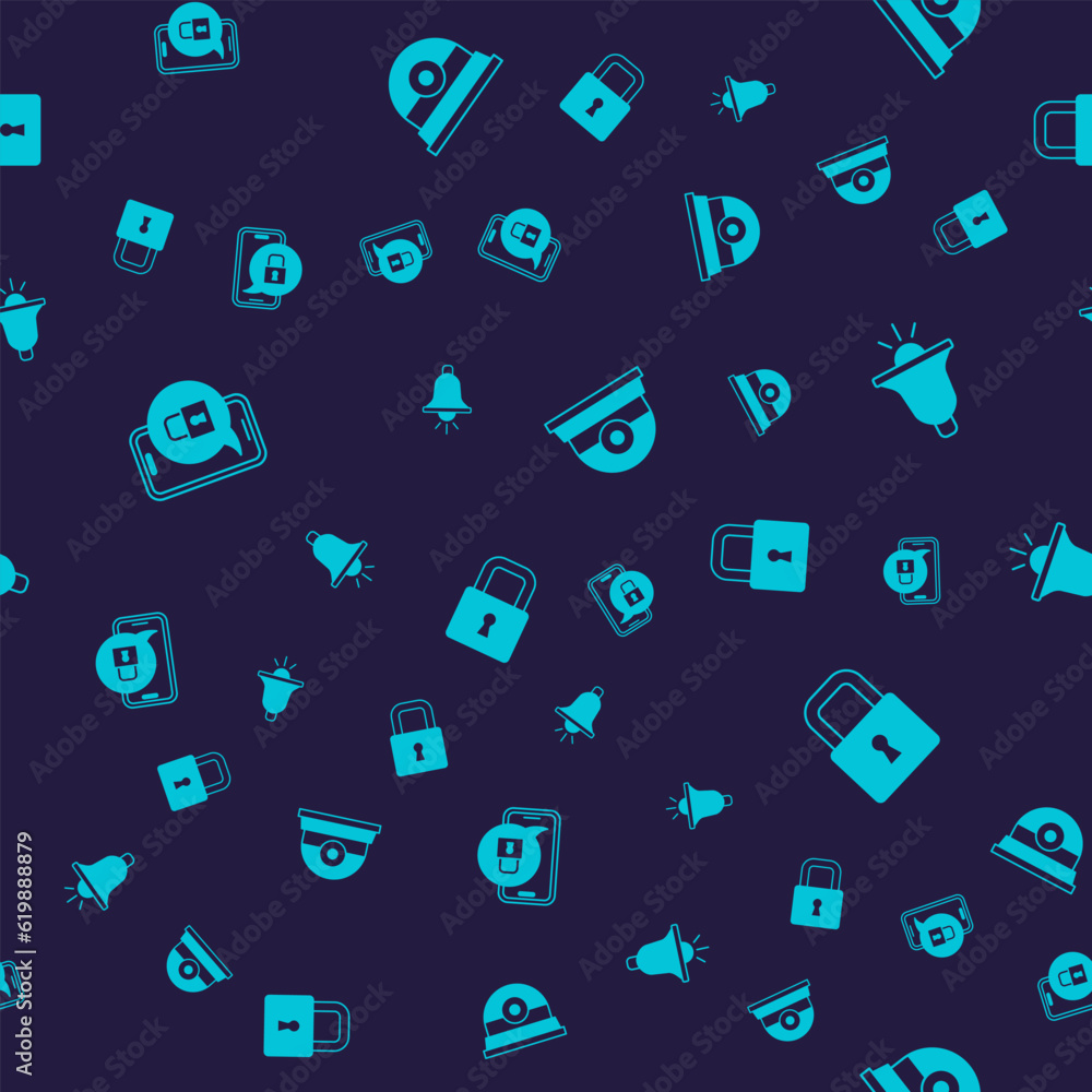 Poster set mobile with closed padlock, ringing alarm bell, security camera and lock on seamless pattern. ve