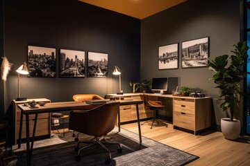 Fototapeta premium A room with a desk, chair, and pictures on the wall created with Generative AI technology