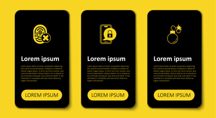 Set Bomb, Mobile with closed padlock and Cancelled fingerprint. Business infographic template. Vector