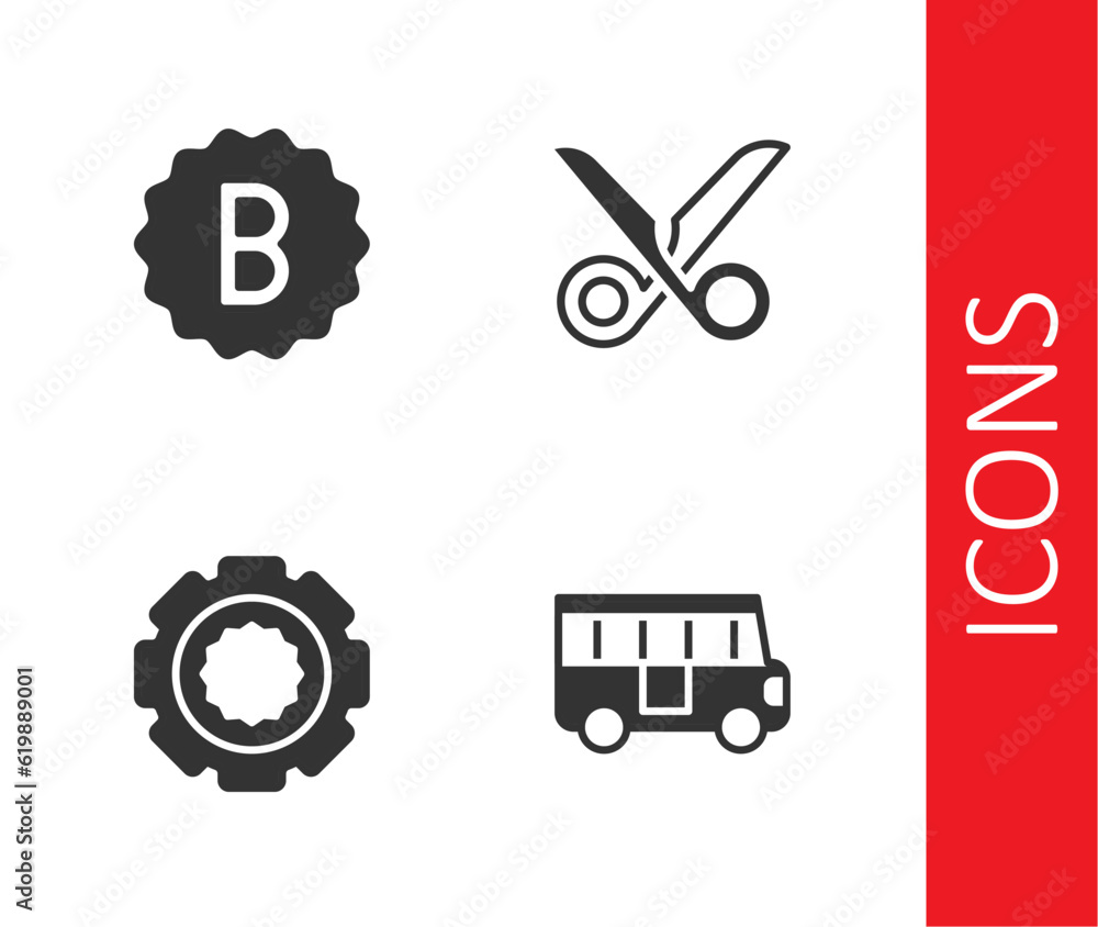 Poster set school bus, exam paper with incorrect answers, gear and scissors icon. vector