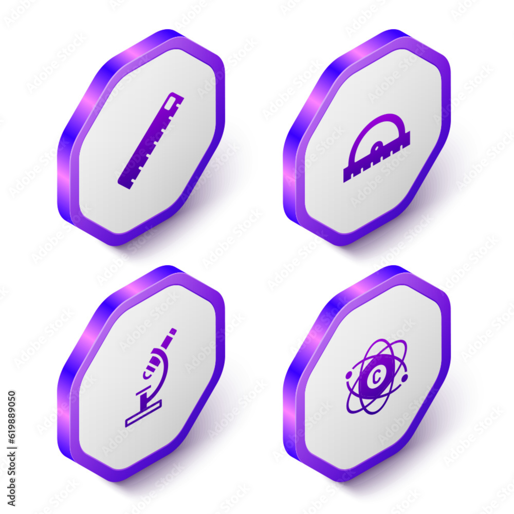 Poster set isometric ruler, protractor grid, microscope and atom icon. purple hexagon button. vector
