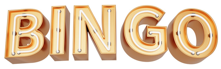Golden 3d text with glowing neon tube. typography. 3D illustration. BINGO.