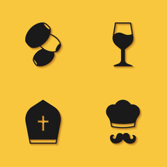 Set Olives, Italian cook, Pope hat and Wine glass icon with long shadow. Vector