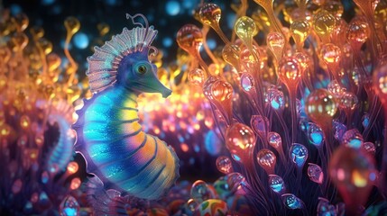 Fototapeta na wymiar Fantasy seahorse in bubbles, ai