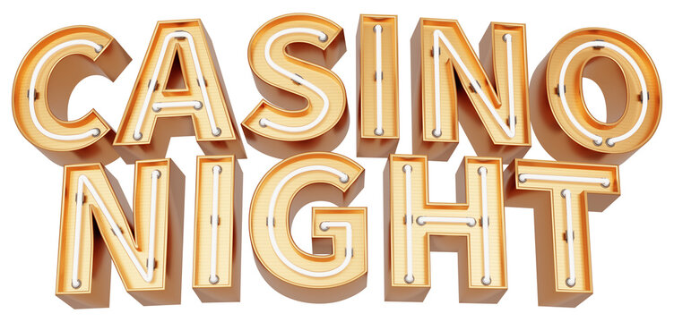 Golden 3d text with glowing neon tube. typography. 3D illustration. CASINO NIGHT.