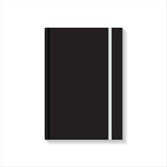 Blank black book or notebook with white elastic top view mockup template. Isolated on white background with shadow. Ready to use for your design or business. Vector illustration.