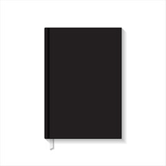 Blank black book or notebook with white ribbon bookmark top view mockup template. Isolated on white background with shadow. Ready to use for your design or business. Vector illustration.