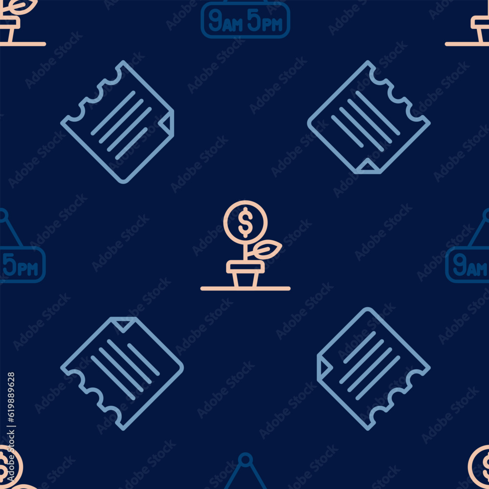Poster set line from 9 to 5 job, notebook and dollar plant on seamless pattern. vector