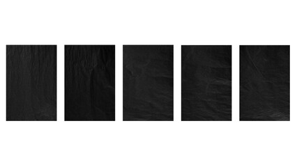 Five black sheets of paper isolated on a white background.
