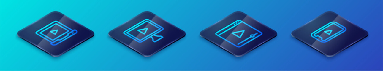 Set Isometric line Online play video, and icon. Vector