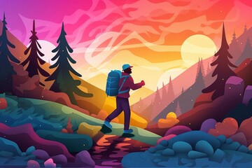 Fototapeta premium A man with a backpack is walking through the woods created with Generative AI technology