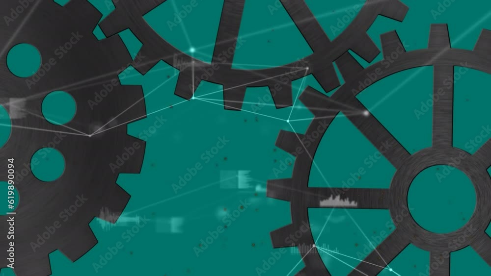 Poster Animation of network of connections with cogs over green background