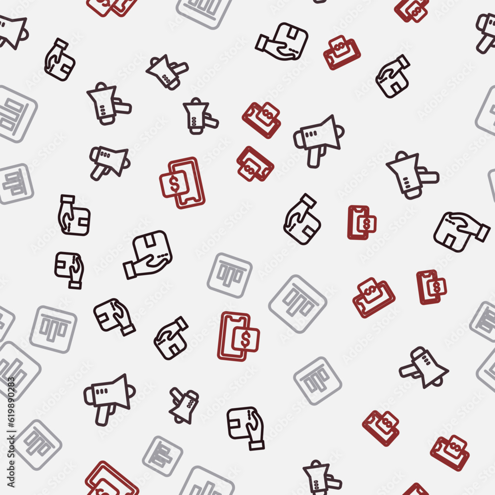 Poster set line delivery hand with box, megaphone, pie chart infographic and mobile shopping on seamless pa