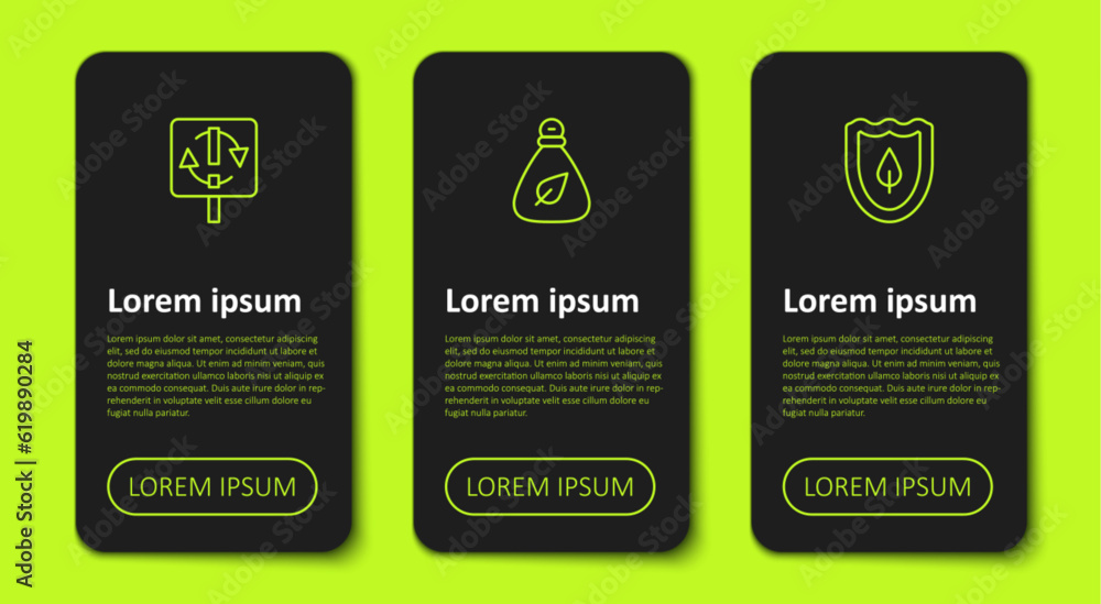 Poster set line recycle symbol, garbage bag and shield with leaf. business infographic template. vector