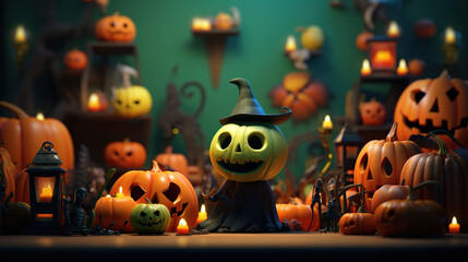Halloween 3D Toys Background. A witch, pumpkins, and candles on a blurry background of a toy room volume. Generative Ai.