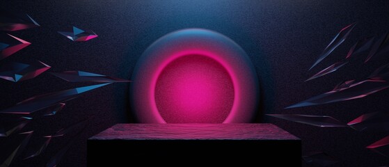 3d illustration rendering of technology futuristic cyberpunk display, gaming scifi stage pedestal background, gamer banner sign of neon glow stand podium for product © issaronow