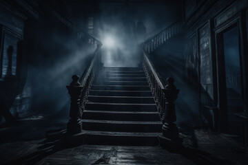 A spooky mansion at night. Spooky staircase with fog and a glowing ghostly apparition. Generative Ai. - obrazy, fototapety, plakaty