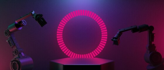 3d illustration rendering of technology futuristic cyberpunk display, gaming scifi stage pedestal background, gamer banner sign of neon glow stand podium for product