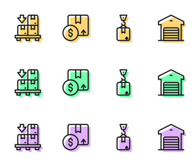 Set line Crane with cardboard box, Cardboard boxes on pallet, Carton and Warehouse icon. Vector