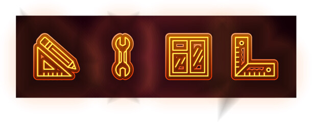 Set line Triangular ruler and pencil, Wrench spanner, Window in room and Corner. Glowing neon icon. Vector