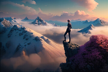Obraz premium Copy space of man on top of mountain and sunset sky abstract background. Freedom and travel adventure concept. 