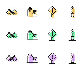 Set line Exclamation mark in square, Flag, Turnstile and Train traffic light icon. Vector