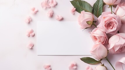 Feminine wedding, birthday mock - up scene. Blank paper greeting cards, envelope, eucalyptus, pink roses, peony flowers and ribbons on white table background Generative AI