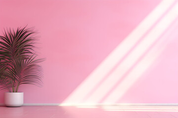 Fototapeta na wymiar shadows on a bright pink wall, motion blur panorama, with palm leaves and shadow on blue background. Minimal concept. Abstract background for product presentation, Generative AI.