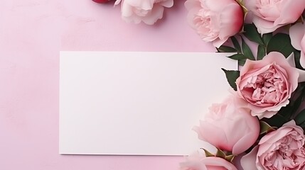 Feminine wedding, birthday mock - up scene. Blank paper greeting cards, envelope, eucalyptus, pink roses, peony flowers and ribbons on white table background Generative AI