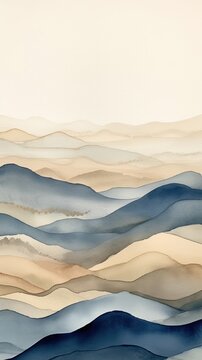 Abstract Watercolor beige and blue mountains brush stroke abstraction, ai