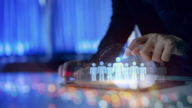 Businessman planing global network connection of structure HR - Human resources. Business leadership concept. Management and recruitment or employment headhunting.