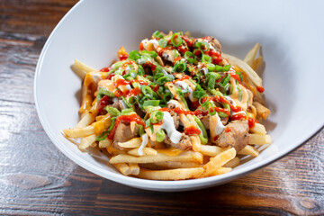 A view of a bowl of loaded fries.