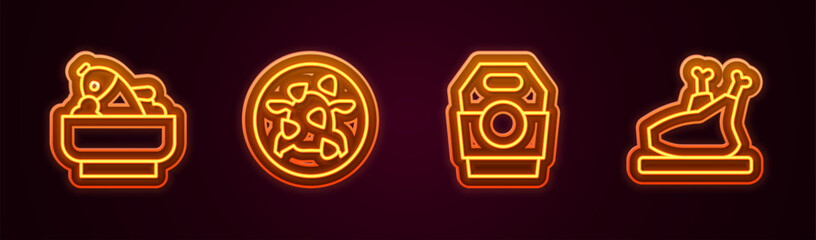 Set line Rice with fish in a bowl, Kung Pao chicken, Asian noodles paper box and Roasted turkey or. Glowing neon icon. Vector