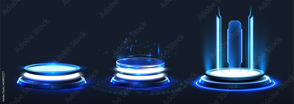 Fototapete Game portal ui with hologram light technology and neon circle effect. Futuristic game technology, round podium and bright wrap aura. Teleport to scifi universe. Realistic portal. Isolated illustration