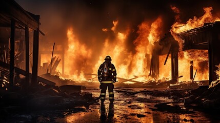 Firefighter works in burning building fireman on flame back view background Generative AI