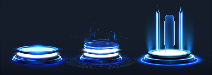 Game portal ui with hologram light technology and neon circle effect. Futuristic game technology, round podium and bright wrap aura. Teleport to scifi universe. Realistic portal. Isolated illustration - obrazy, fototapety, plakaty